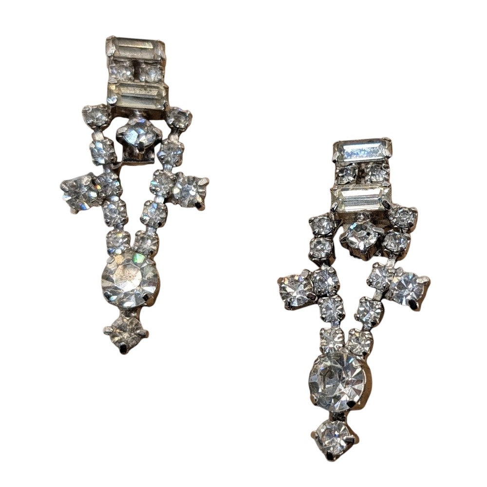 Vintage Kramer Rhinestone Earrings‎ Clip On Clear Dangle Statement Pronged